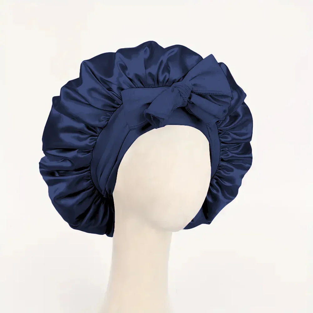 Satin Silk Hair Bonnet Adjustable Tie Band Wide-Brimmed Night Sleeping Bathing Hat Bonnet for Women Unisex Protective Headwear