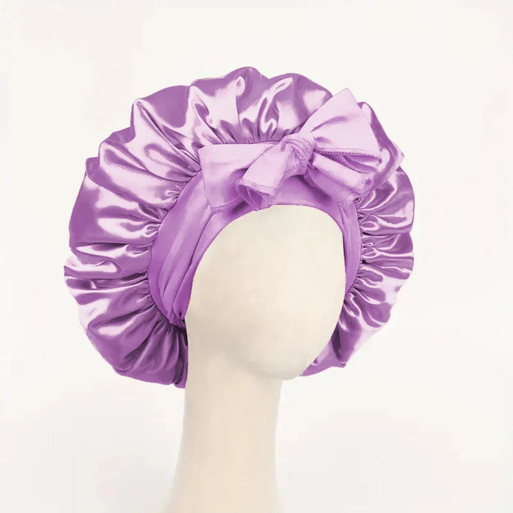 Satin Silk Hair Bonnet Adjustable Tie Band Wide-Brimmed Night Sleeping Bathing Hat Bonnet for Women Unisex Protective Headwear