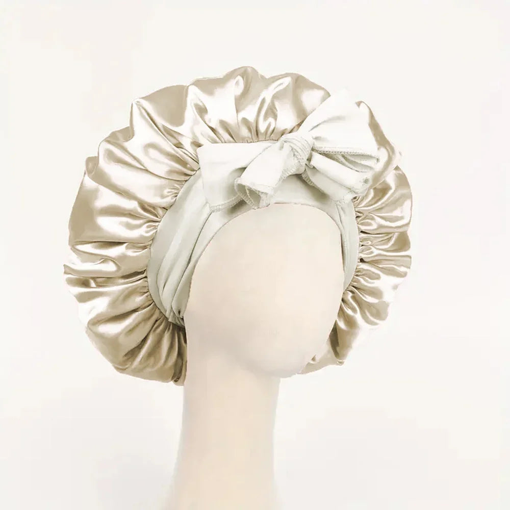 Satin Silk Hair Bonnet Adjustable Tie Band Wide-Brimmed Night Sleeping Bathing Hat Bonnet for Women Unisex Protective Headwear