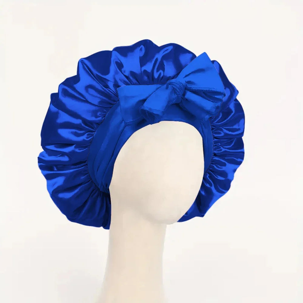 Satin Silk Hair Bonnet Adjustable Tie Band Wide-Brimmed Night Sleeping Bathing Hat Bonnet for Women Unisex Protective Headwear