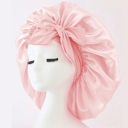 Satin Silk Hair Bonnet Adjustable Tie Band Wide-Brimmed Night Sleeping Bathing Hat Bonnet for Women Unisex Protective Headwear