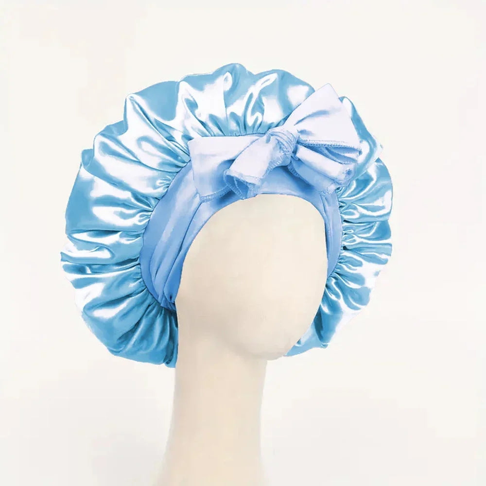 Satin Silk Hair Bonnet Adjustable Tie Band Wide-Brimmed Night Sleeping Bathing Hat Bonnet for Women Unisex Protective Headwear