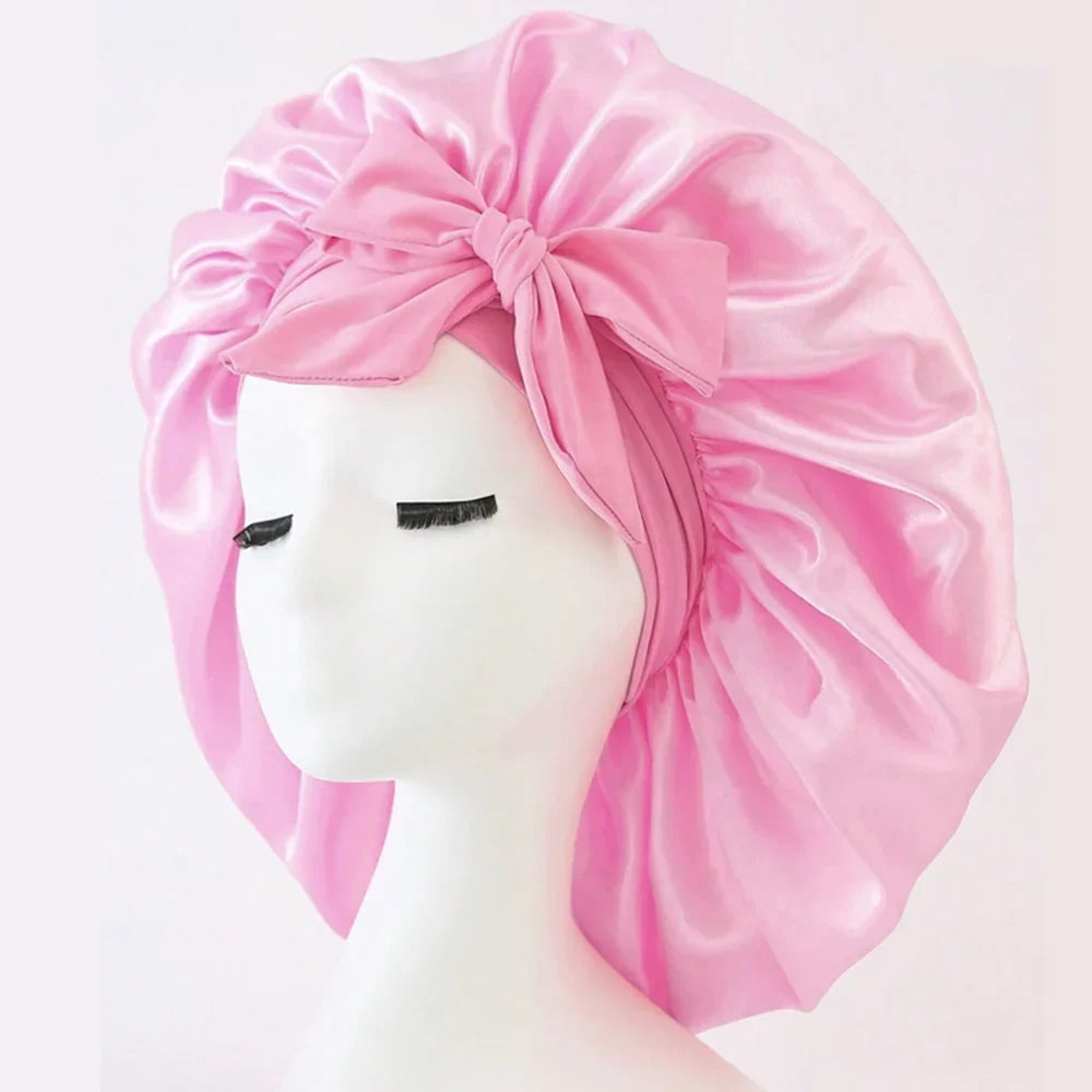 Satin Silk Hair Bonnet Adjustable Tie Band Wide-Brimmed Night Sleeping Bathing Hat Bonnet for Women Unisex Protective Headwear
