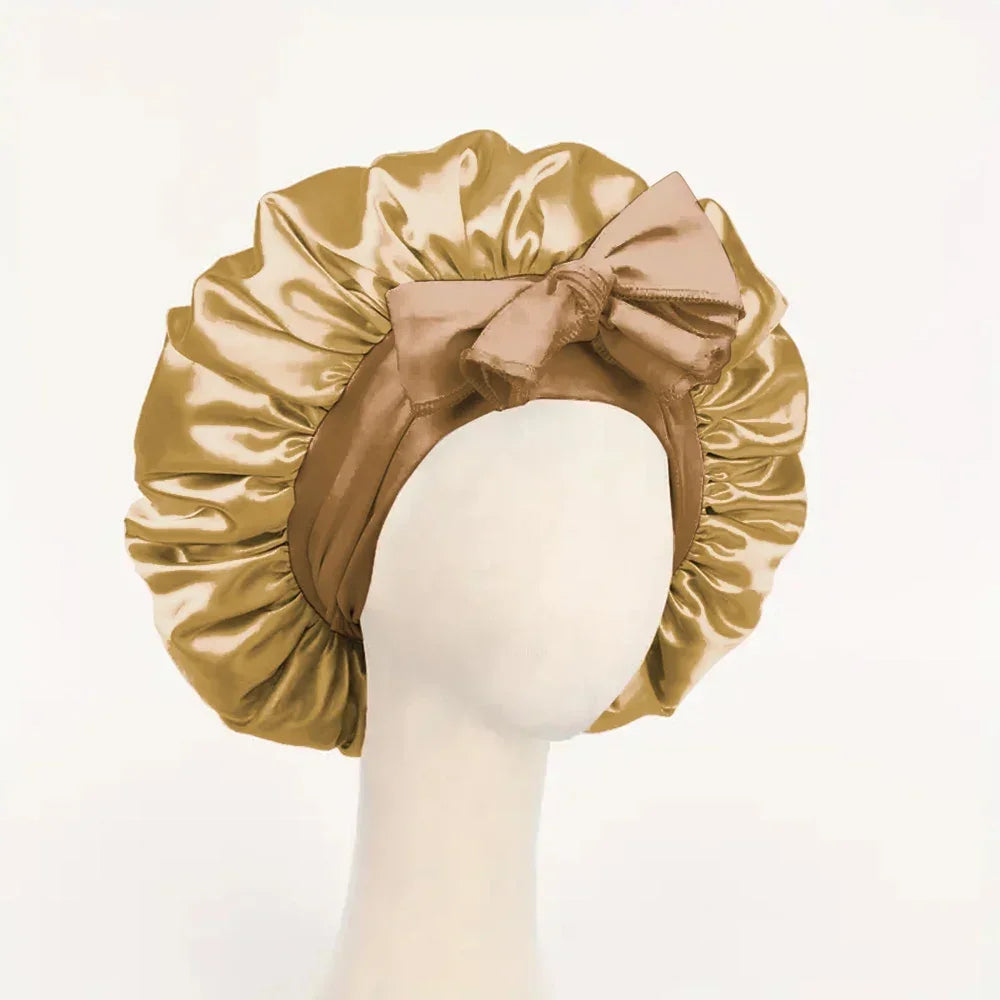 Satin Silk Hair Bonnet Adjustable Tie Band Wide-Brimmed Night Sleeping Bathing Hat Bonnet for Women Unisex Protective Headwear