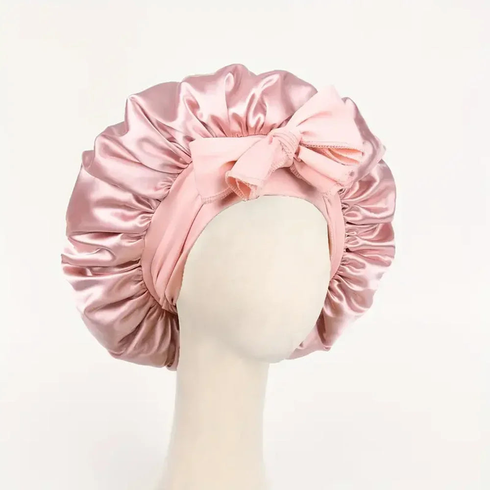 Satin Silk Hair Bonnet Adjustable Tie Band Wide-Brimmed Night Sleeping Bathing Hat Bonnet for Women Unisex Protective Headwear
