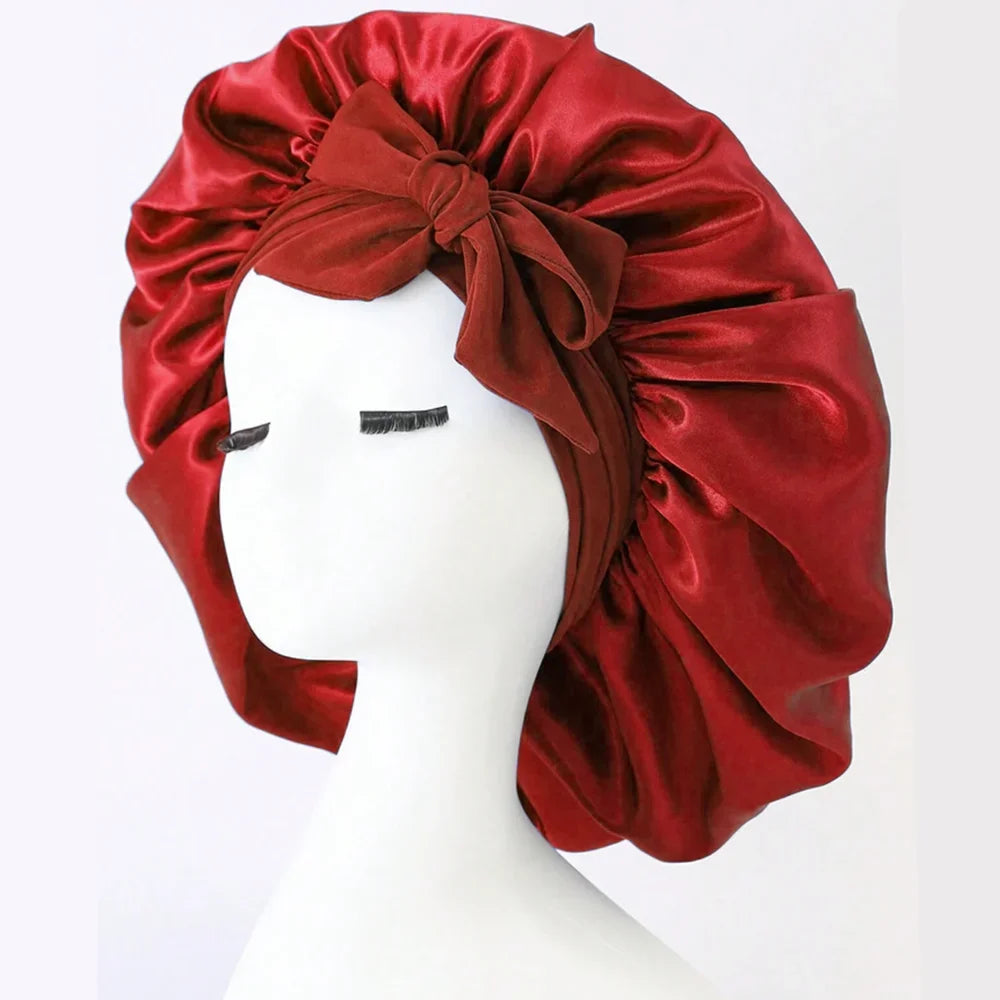 Satin Silk Hair Bonnet Adjustable Tie Band Wide-Brimmed Night Sleeping Bathing Hat Bonnet for Women Unisex Protective Headwear