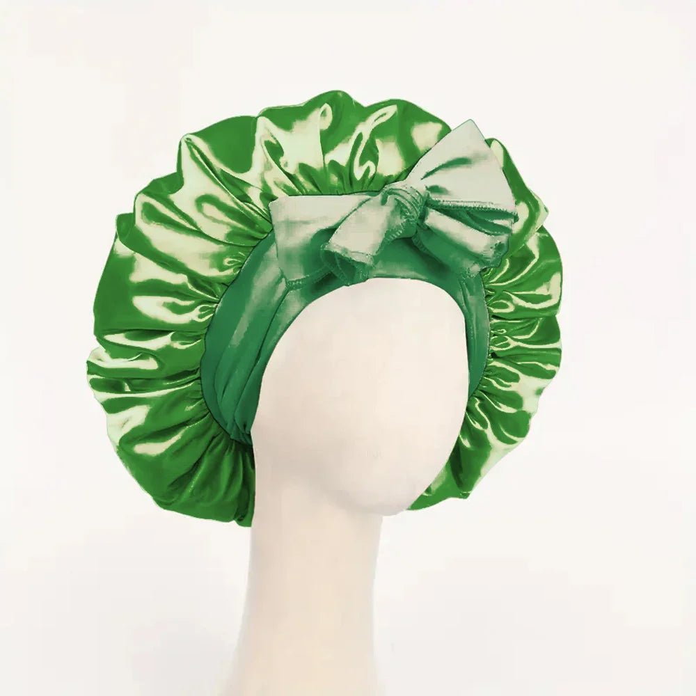 Satin Silk Hair Bonnet Adjustable Tie Band Wide-Brimmed Night Sleeping Bathing Hat Bonnet for Women Unisex Protective Headwear