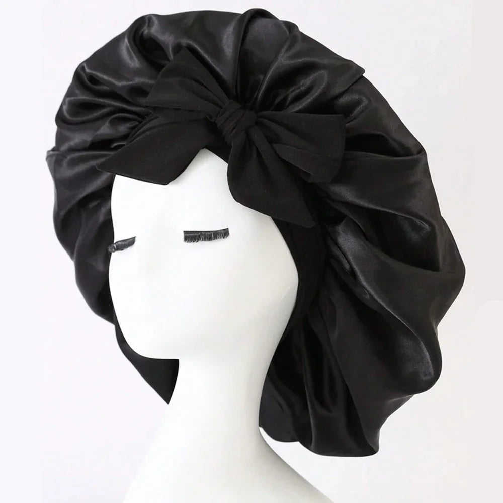 Satin Silk Hair Bonnet Adjustable Tie Band Wide-Brimmed Night Sleeping Bathing Hat Bonnet for Women Unisex Protective Headwear