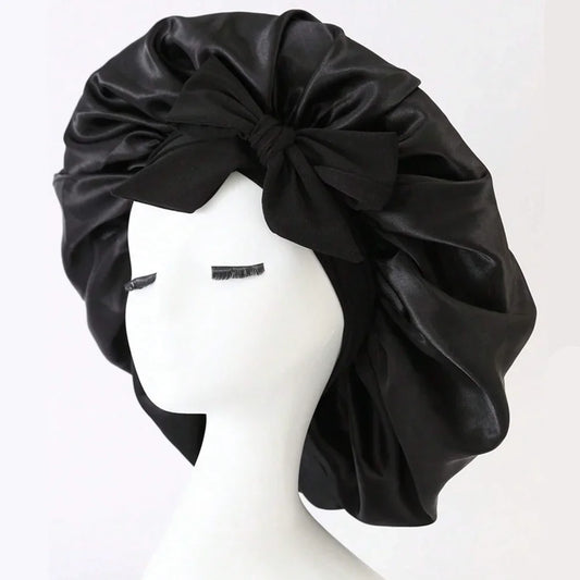 Satin Silk Hair Bonnet Adjustable Tie Band Wide-Brimmed Night Sleeping Bathing Hat Bonnet for Women Unisex Protective Headwear