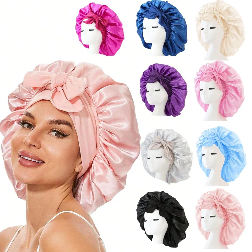 Satin Silk Hair Bonnet Adjustable Tie Band Wide-Brimmed Night Sleeping Bathing Hat Bonnet for Women Unisex Protective Headwear
